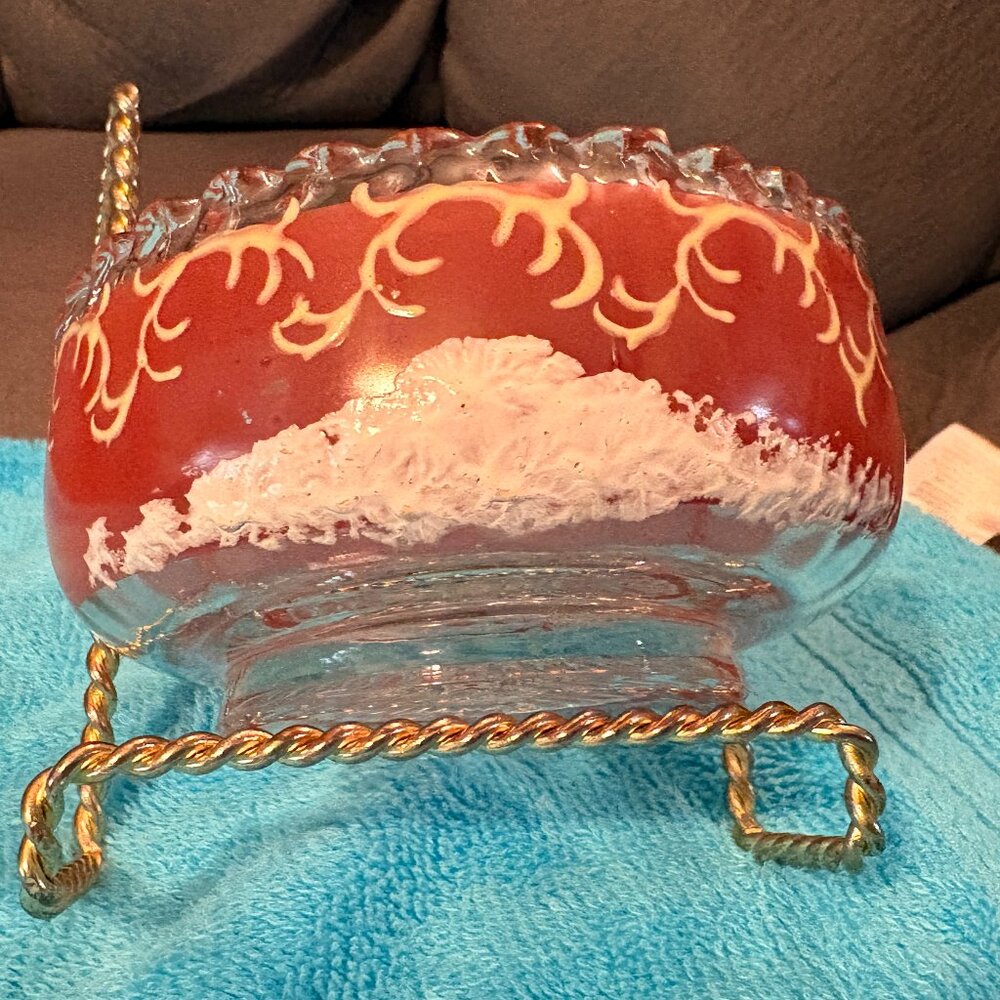 EGERMANN Bohemian Ruby/White Glass Cut to Clear Etched Berry/Dessert Bowl-4"-EUC